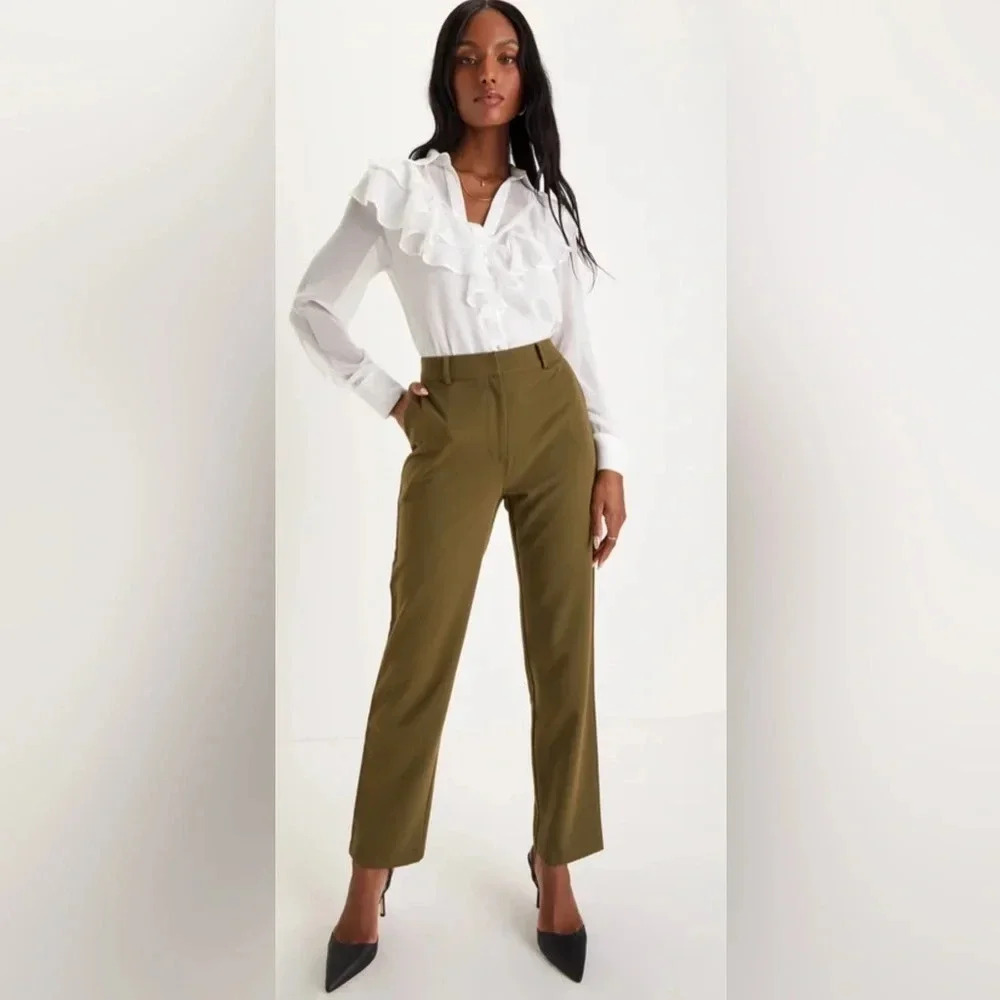 NEW w/tags (NWT) Lulu’s Ideal Aura Olive Green High Rise Slim Leg Trouser Pants - Picture 4 of 6